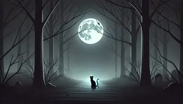 Eerie Halloween scene of a black cat under a full moon