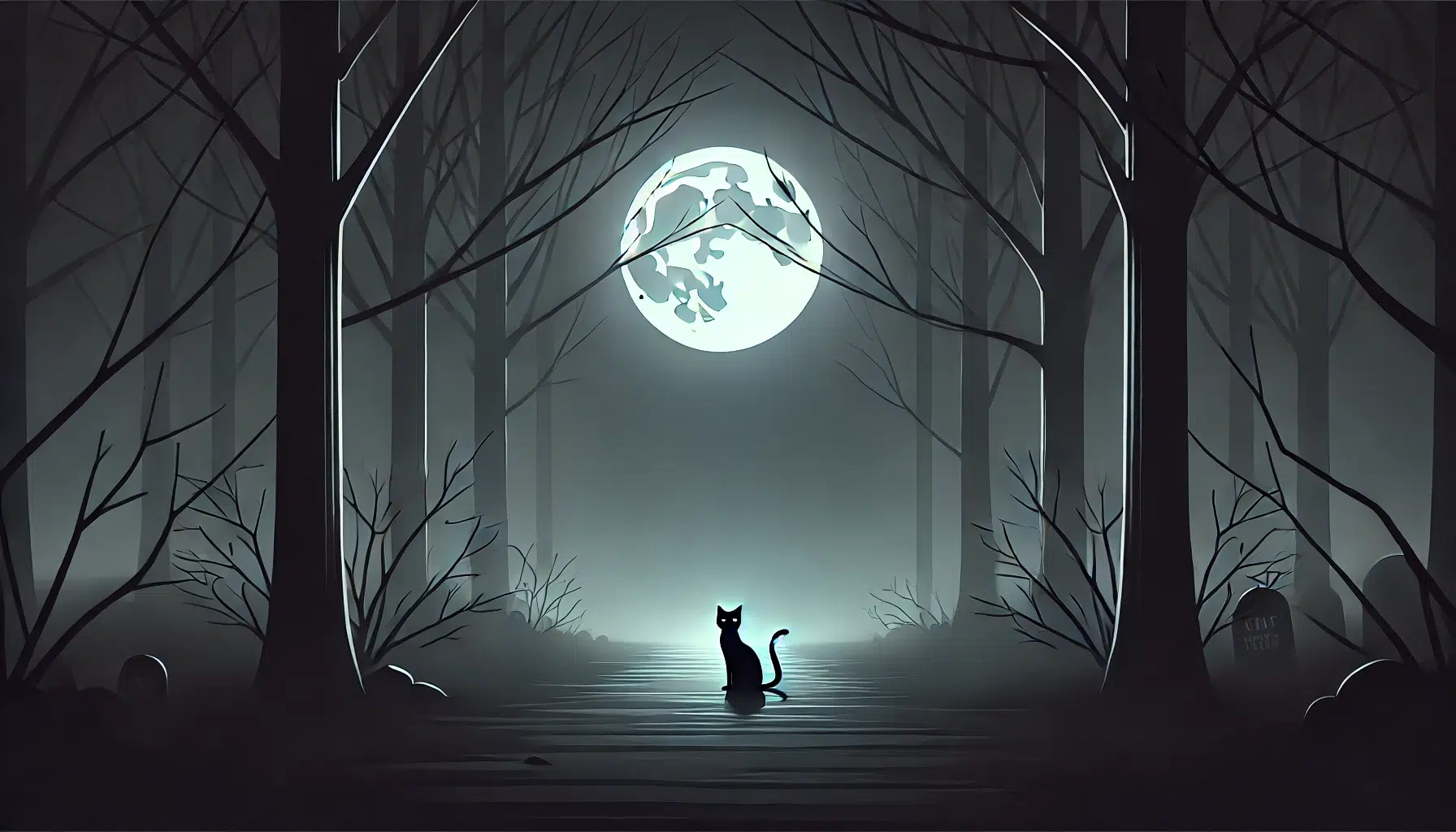 Eerie Halloween scene of a black cat under a full moon