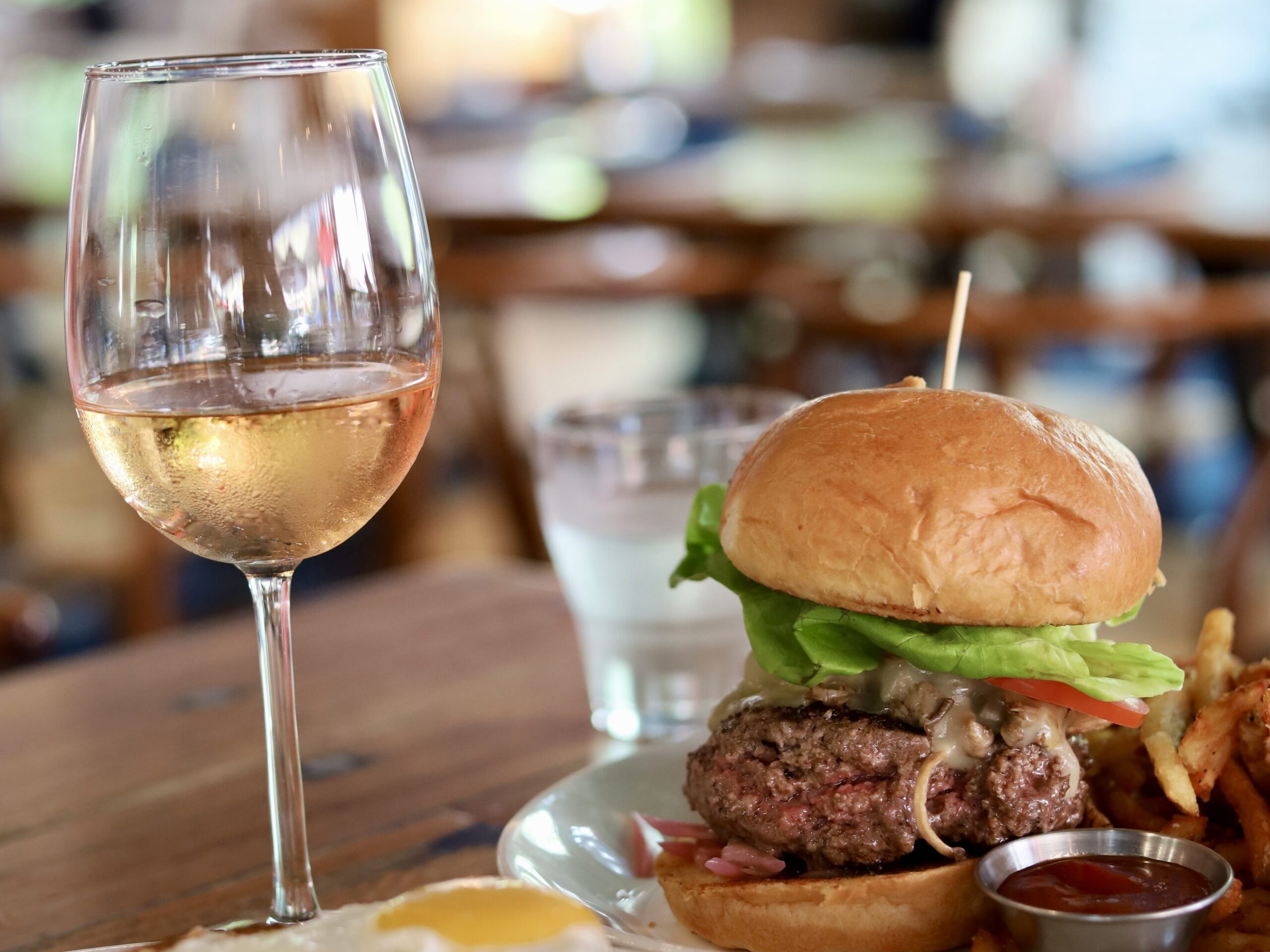 Houston burger, wine and eggs